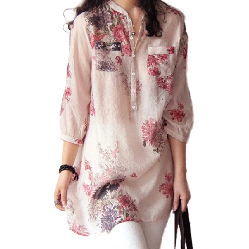

The Latest Vintage Women Floral Print Blouse Cotton Linen Shirt Casual Tops Female Long Shirt Blusas Tunic Chinese Style Blusas