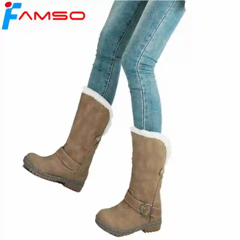 

FAMSO 2019 New Classics Women Boots Black Brown Mid-Calf Martin Boots Russia Winter Waterproof Full Fur Snow Boots Flats Heels