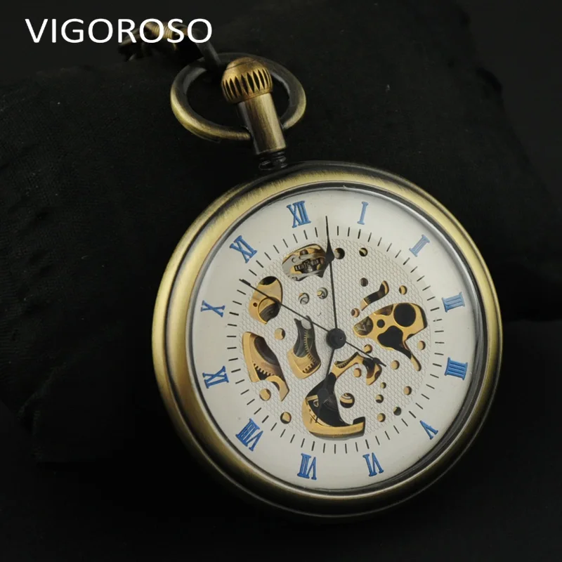 VIGOROSO 빈티지 기계식 주머니 시계 해골 청동 강철 Handwind Fob 체인 시계 남성 여성 선물