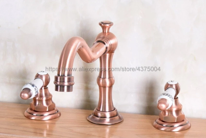 Bathroom Sink Faucet Antique Red Copper Widespread 3pcs Ceramics Handles Basin 3 Holes Mixer Tap Nnf175