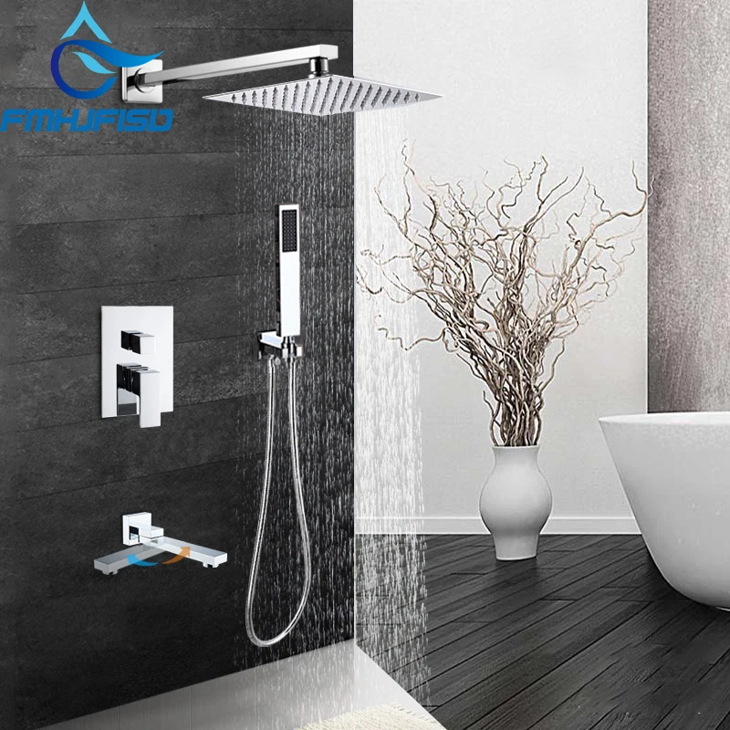 

Contemporary Square Chrome Rain Shower Head FShower Sprayer Mixer Bathroom Shower Faucet Set Mixer Valve Tap 8 10 12 16 inch