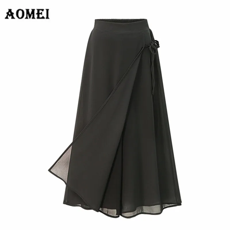 Black Wide Leg Loose Skirt Pants Culottes for Women Chiffon Trousers Sashes Lady Plus Size 4XL 5XL Summer Beachwear Casual Jupe