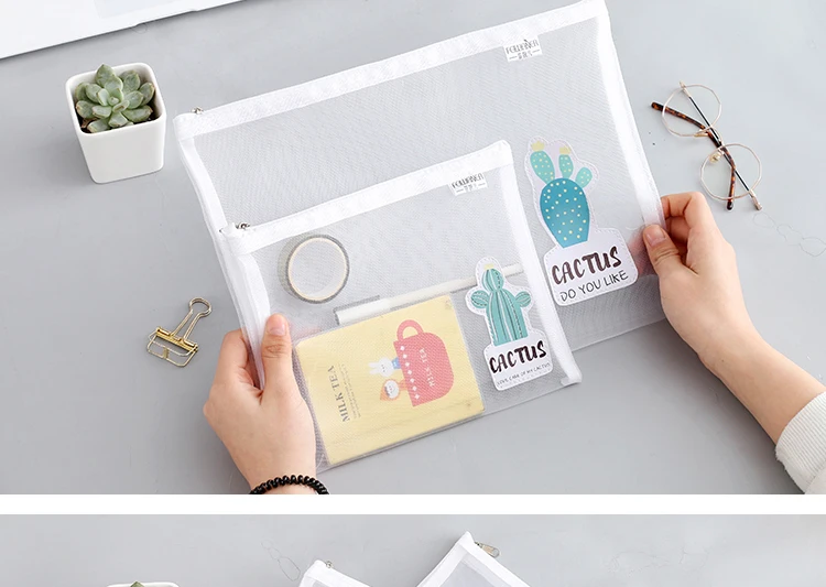 Южная Корея канцелярские сумки простой, маленький, новый кактус прозрачная сетчатая волоконная файл сумка студент офис бумага хранения