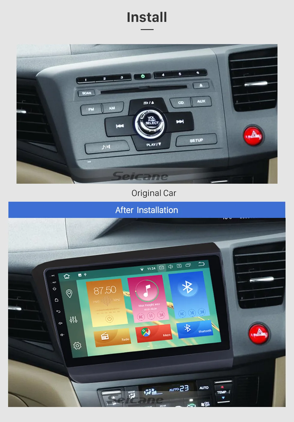Discount Seicane 9" 2 Din Android 8.0 Car DVD Multimedia Player For 2012 Honda Civic RHD Support Steering Wheel Control Bluetooth Wifi FM 3