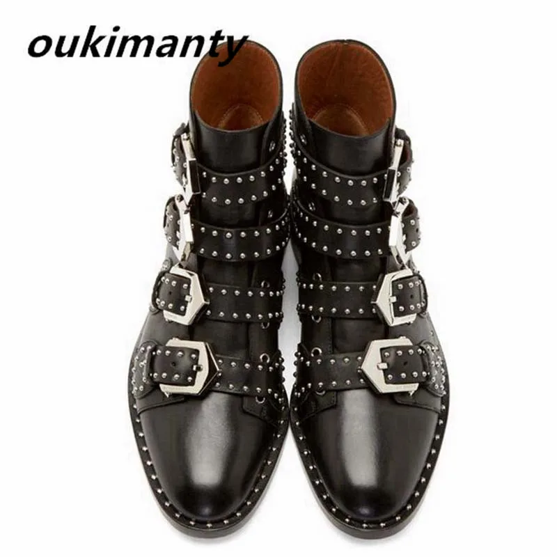 

Genuine Leather Motorcycle boots Biker Rivets Sexy Shoes Women Boots Brand Shoe Famous Designer Woman Flats Black #Y3208066F