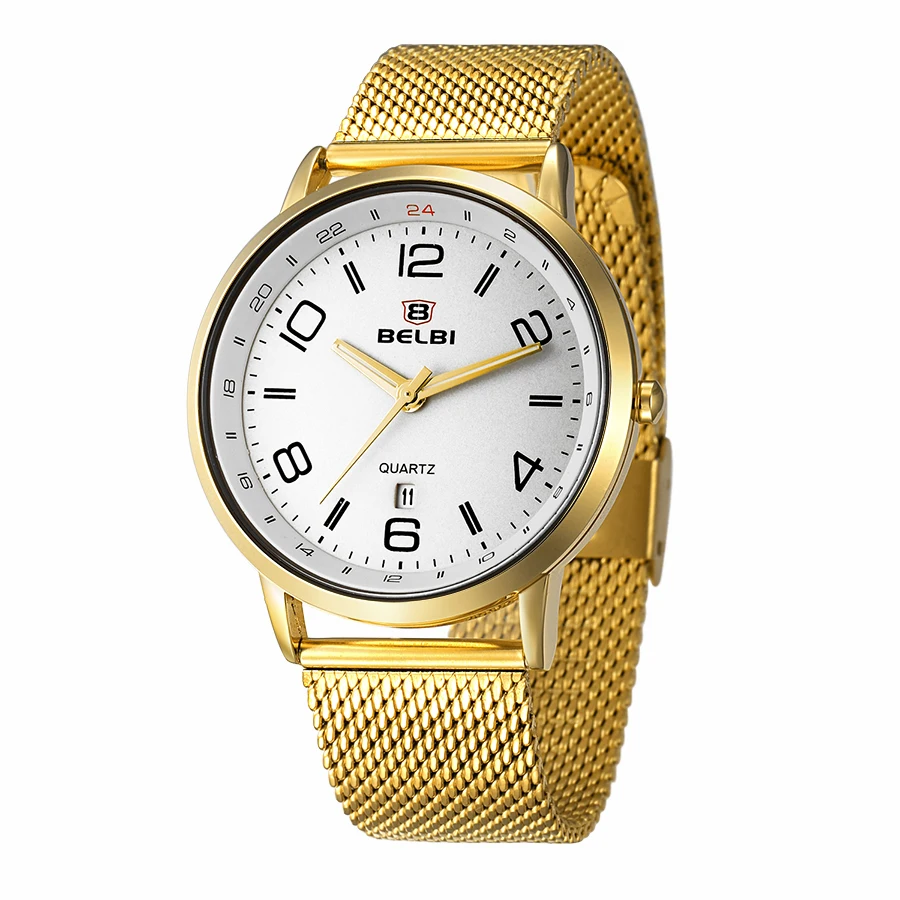 

BELBI Top Brand Luxury Men Watch Waterproof Stainless Steel Quartz Watches Fashion Business Calendar Male Wristwatch Gold Clock