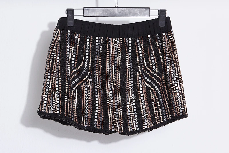 Summer Women Casual Sequin Shorts Vintage Beaded Elastic Waist Striped Straight Shorts Sexy Party Club Chiffon Shorts