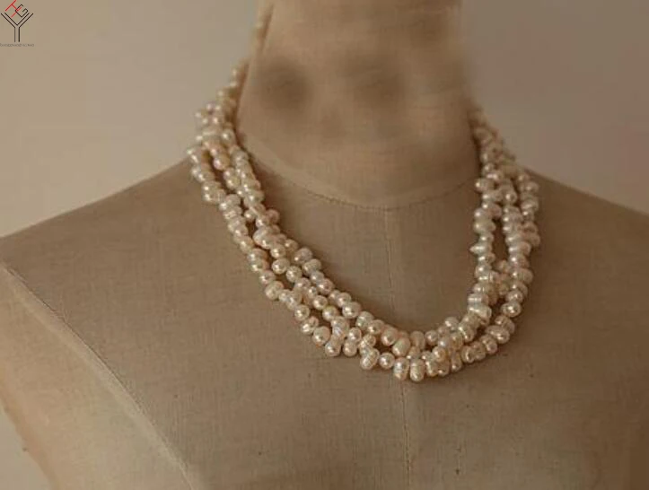 

wedding Women Jewelry 3 Rows Necklace 8-9mm Baroque White Pearl Choker Necklace Natural Freshwater Pearl