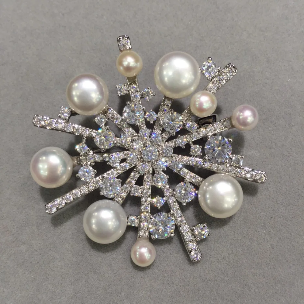 

natural fresh water pearl brooch pendant double use copper with cubic zircon fireworks flower brooch fashion women jewelry