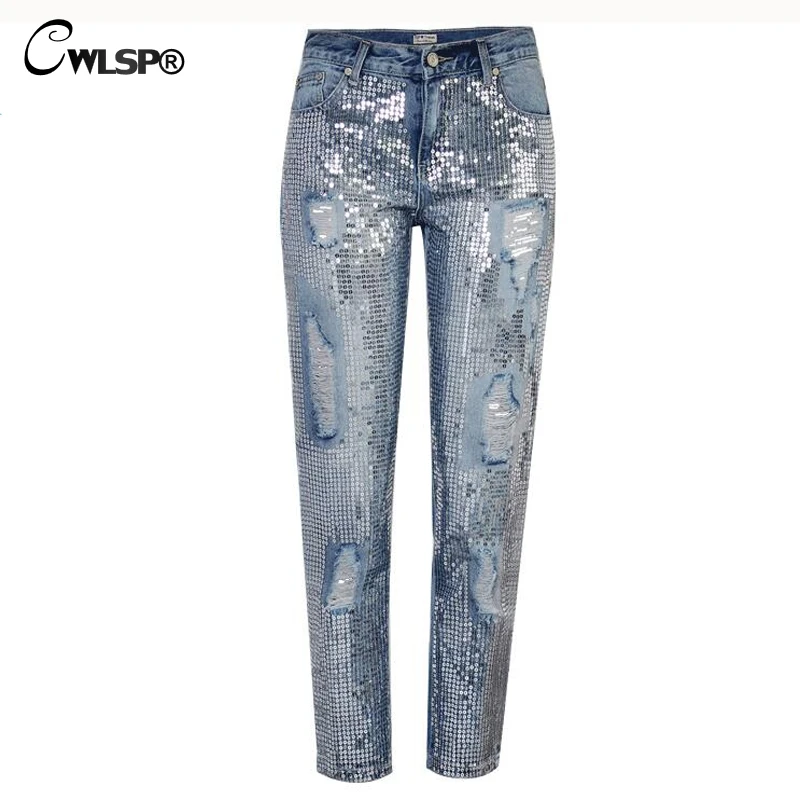 

CWLSP Plus size Bling Sequin Low Waist Jeans for women Denim overalls Straight Pants boyfriend Trousers for feminino QL3541