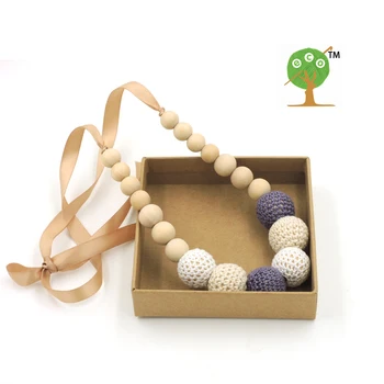

Fade Grey cream white crochet teething necklace,wood beads baby toy baby necklace NW1706
