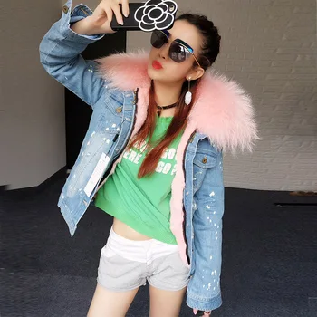 

Korean Style 2017 Autumn Winter Jacket Coat Women Holes Denim Real Large Raccoon Fur Collar And Real Rex Rabbit Thick Outwear