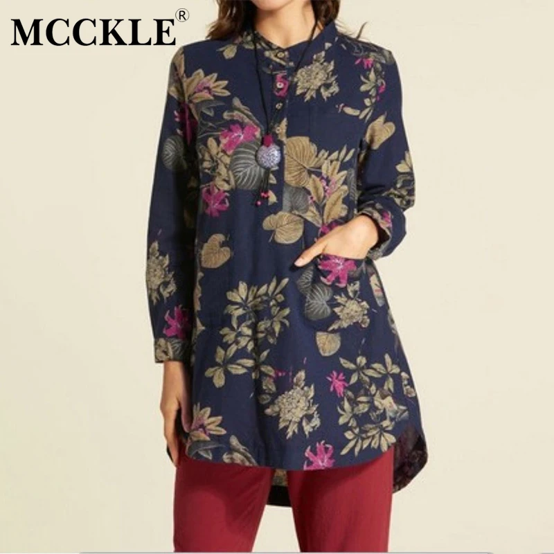 

MCCKLE Women's Winter Long Shirt 2018 Autumn Female Fashion Tops Ladies Vintage Linen Floral Print Plus Size Round Collar Blouse