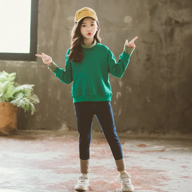 Детская одежда Новинка года, осенне-зимняя футболка с длинными рукавами+ штаны комплект из двух предметов, школьные наряды для девочек-подростков, комплекты из 2 предметов для крупных девочек - Цвет: green