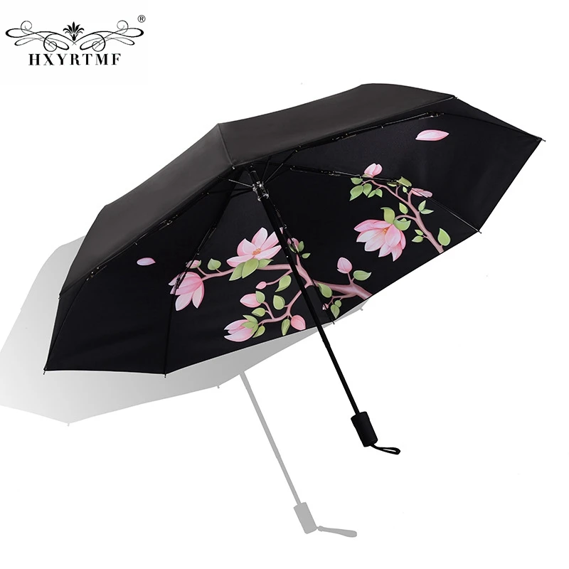 Flower Printed Black Vinyl Anti UV 3 Folding Women Umbrella Sunny Rainy