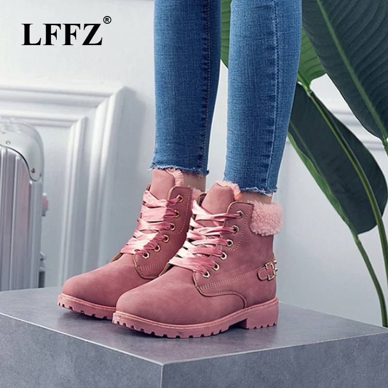 

LFFZ New Pink Women Boots Lace up Solid Casual Ankle Boots Round Toe Women Shoes Winter Snow Boots British Style PP47
