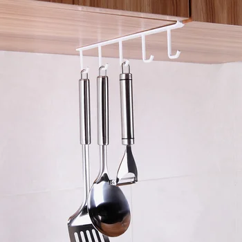 

White iron cupboard Door Hanging shelf with 5 hook cutlery spoon display holder for kitchen accessories key bag hanger