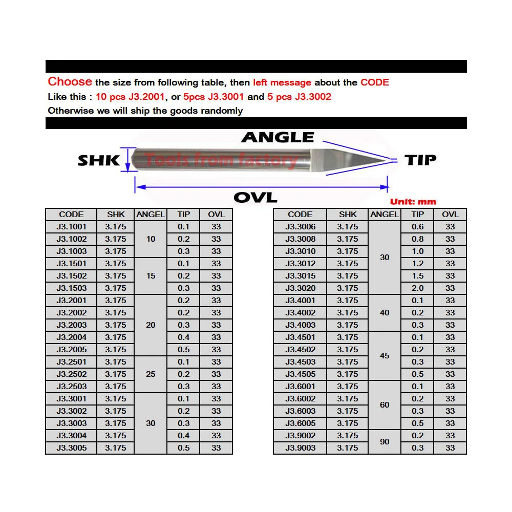 

10 шт. 3,175 мм вольфрамовые бит V-образной формы карбидные печатные платы гравировальные бит ЧПУ фрезерный станок выбрать размер искусственный акрил