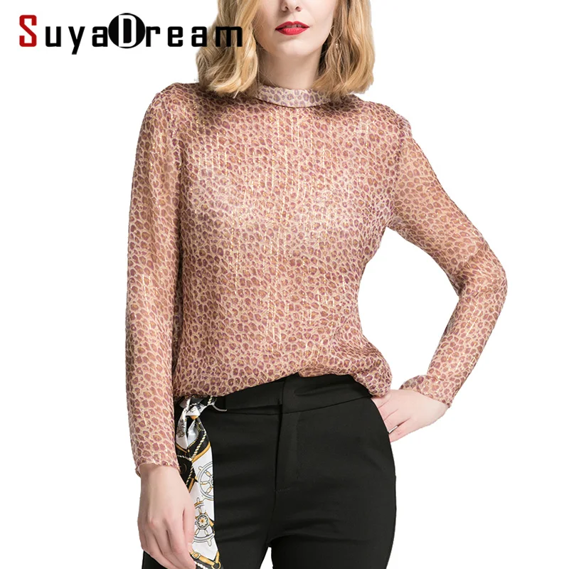 

Women Long sleeve SHIRT 100% Real silk Leopard Print Transparent casual Top Stand collar 2019 Spring T shirt