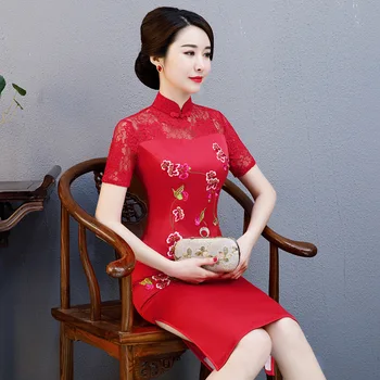 

Stylish Ladies Lace Rayon Cheongsam 2019 Chinese style Mandarin Collar Knee Length Dress Womens Qipao Slim Party Dresses Vestido