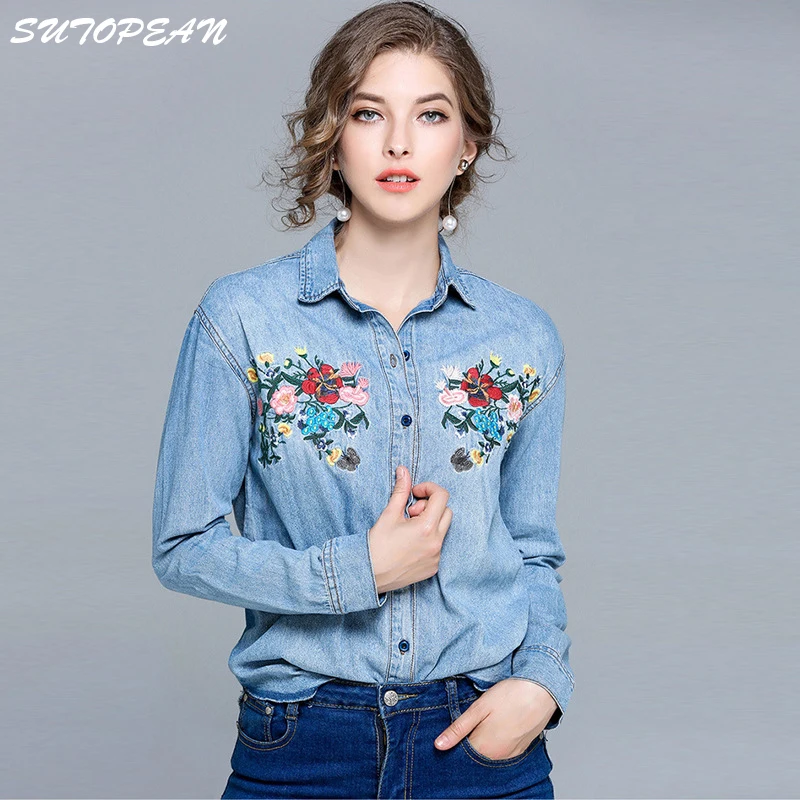 

SUTOPEAN 2018 Women Denim Shirts Embroided Long Sleeve Womens Tops Blouses&Shirts Chemise en denim Camisa de mezclilla Clothes