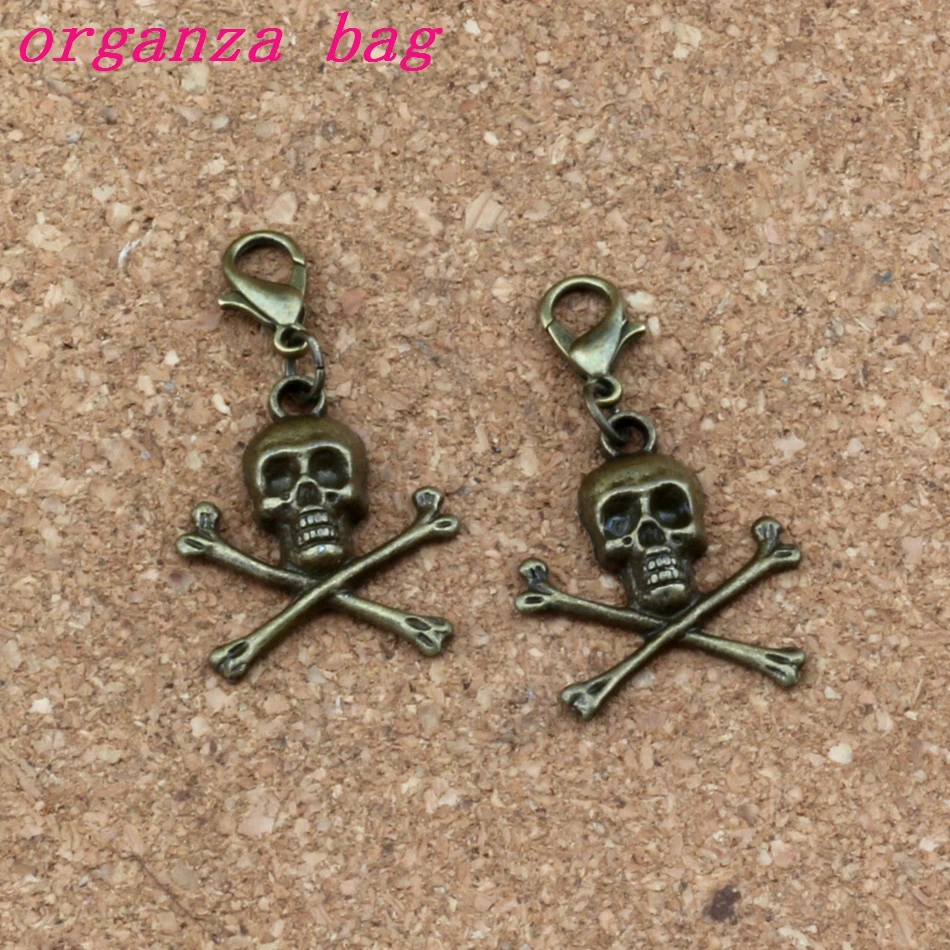 

100Pcs/lots Antique Bronze Pirate Skull alloy Charms Bead with Lobster clasp Fit Charm Bracelet DIY Jewelry 21x38mm A-335b