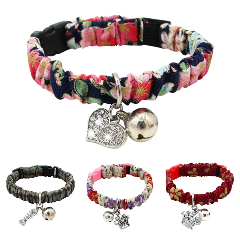 

Dog Cat Decor Retro fabric Cat Collar With Bell Elastic Pet Collar with Wrinkle Flower Small Dog Chain Tag Pet Supplies