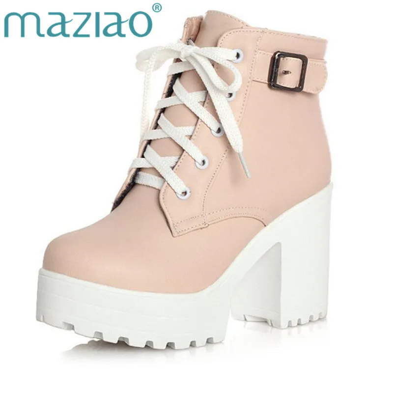 MAZIAO/женские модные ботинки на шнурках с пряжкой высоком квадратном каблуке