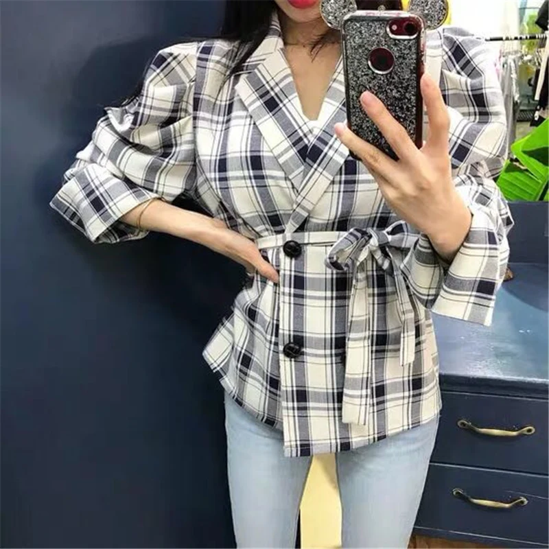 пиджак женский RUGOD Элегантный женский Блейзер модная клетчатая двубортная куртка-блейзер с поясом 2019 летняя Офисная Женская куртка с