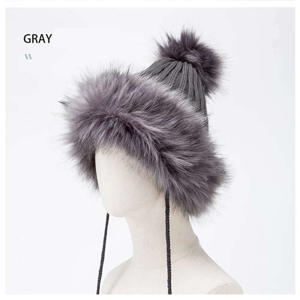 BISON деним с мехом помпоном шапки теплые зимние вязаные шапки s для женщин новые меховые шапки женские меховые шапки M9493 - Цвет: gray