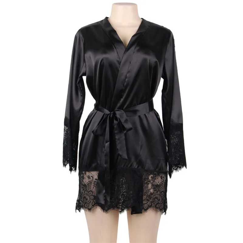 Comeonlover атласное кимоно Feminino с длинными рукавами ночная рубашка для невесты размера плюс кружевное украшенное платье сексуальное женское платье Babydoll RE80558 - Цвет: Black Bathrobe