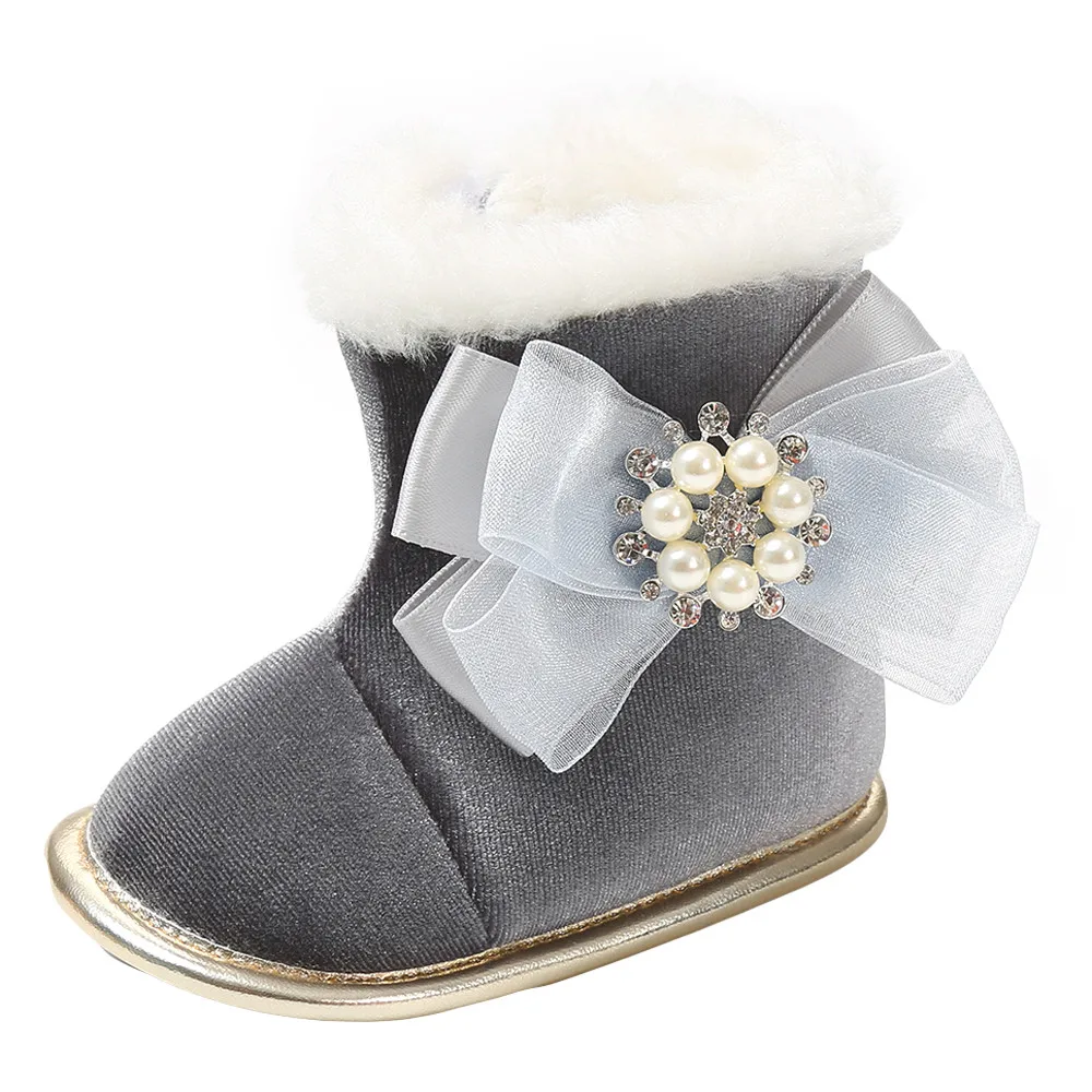 Детские ботинки теплые плюшевые мягкие зимние ботинки с жемчужинами и цветами мягкие детские туфли Удобная Нескользящая модная обувь с бантом - Цвет: Серый