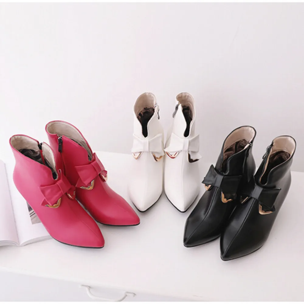 Boots Fashion Women's Leather Shoes Butterfly-Knot Zipper Thin Heels Ankle Boots Outdoor PU Leather Winter Female Shoes T#