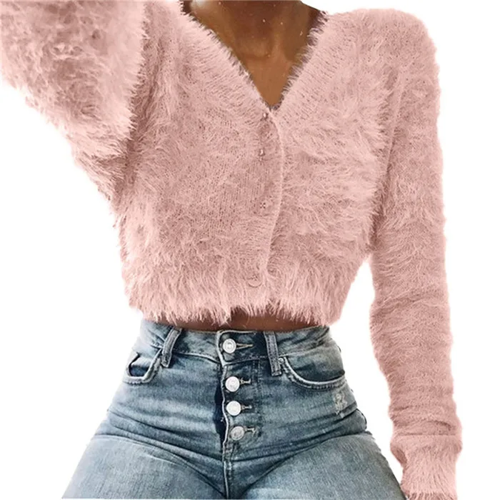 Женская мода осень с v-образным вырезом с длинным рукавом пушистый Повседневный свитер укороченный популярный однотонный короткий пуловер Топы женские серый розовый