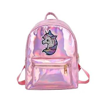 

2019 Fashion Female Laser Leather Backpack For Women Sequins Unicorn Girls Travel Back Bags Colorful Cute Travel Mini Backpack