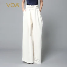 VOA Белый Высокая талия плюс размер офисные женские однотонные Шелковые Широкие брюки женские макси длинные брюки элегантный короткий ремень осень K7293