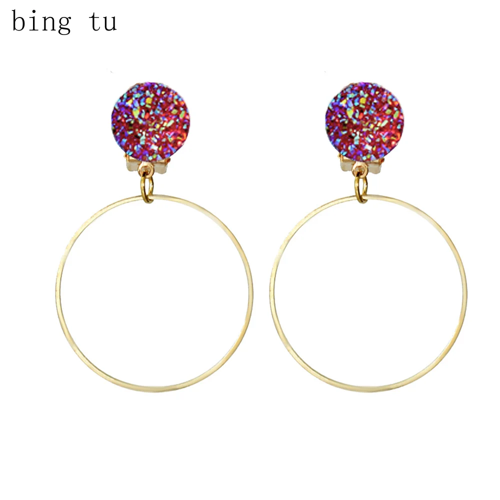 Gold Color Round Circle Earing Clip On Earrings No Hole Blue White