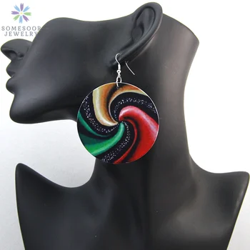 SOMESOOR 6cm Flat Round African Swirl Lollipop Wooden Drop Earrings Afro Circle Dangle Bohemian Design Jewelry For Women Gifts