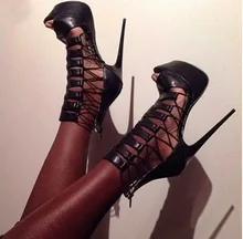 Sexy Black Leather Ankle Strap Sandal 16CM High Platform Women Dress Shoes Peep Toe Thin Heels Cage Shoes Gladiator Sandal Boot цена Sexy Black Leather Ankle Strap Sandal 16CM High Platform Women Dress Shoes Peep Toe Thin Heels Cage Shoes Gladiator Sandal Boot цены онлайн