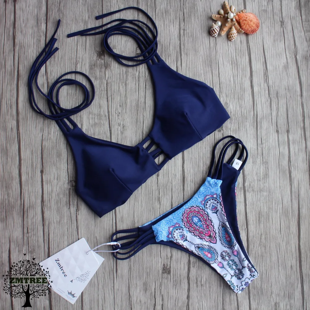 

ZMTREE Sexy Bikini 2016 Blue Pattern Bandage Beachwear Women Swimwear Push Up Brazilian Bikini Swimsuit Maillot De Bain Femme
