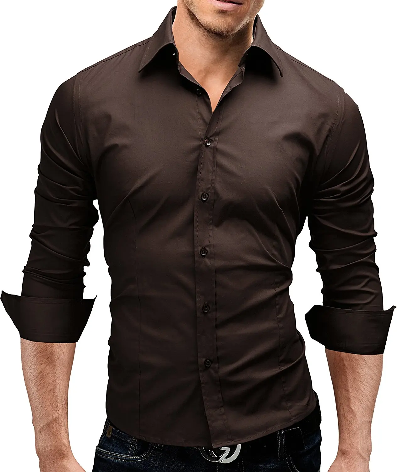 Бренд, модная мужская рубашка с длинным рукавом, топы, облегающие, повседневные, одноцветные, мужские рубашки, облегающие мужские рубашки XXL - Цвет: Coffee