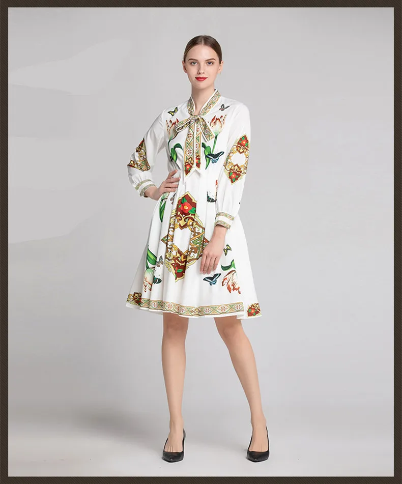 

fashion brand new bowtie long sleeves dress 2019 spring runways buterfly print dress Chic women's vintage dress G026