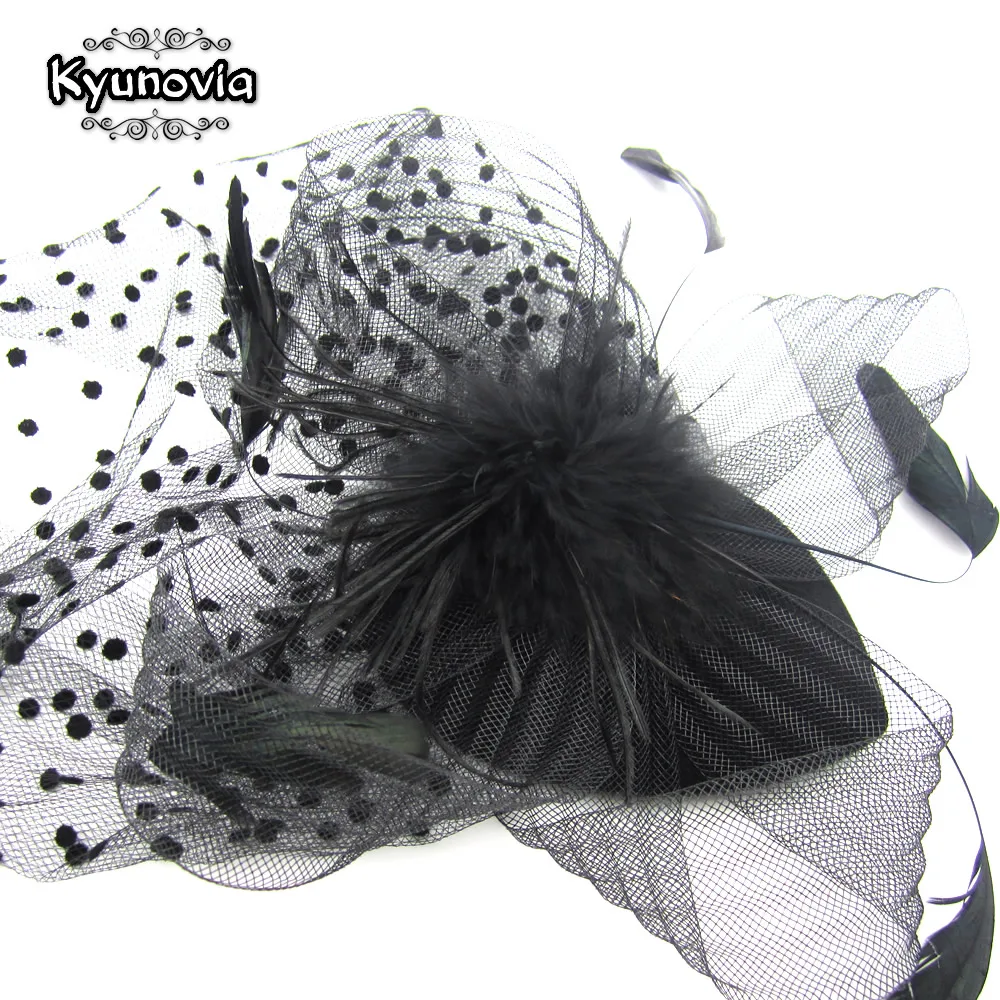 Kyunovia Black/White/Red/Pink/Purple Birdcage Bridal Flower Feathers Fascinator Bride Wedding Hats Face Veils FW12
