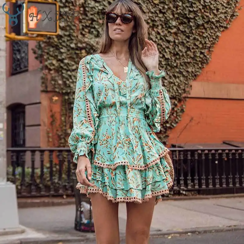 

HXJJP 2019 Summer Boho Playdress Dress Rayon Turquoise Summer Dresses Mini Women Dresses Long Sleeve Party Dress Women MF482