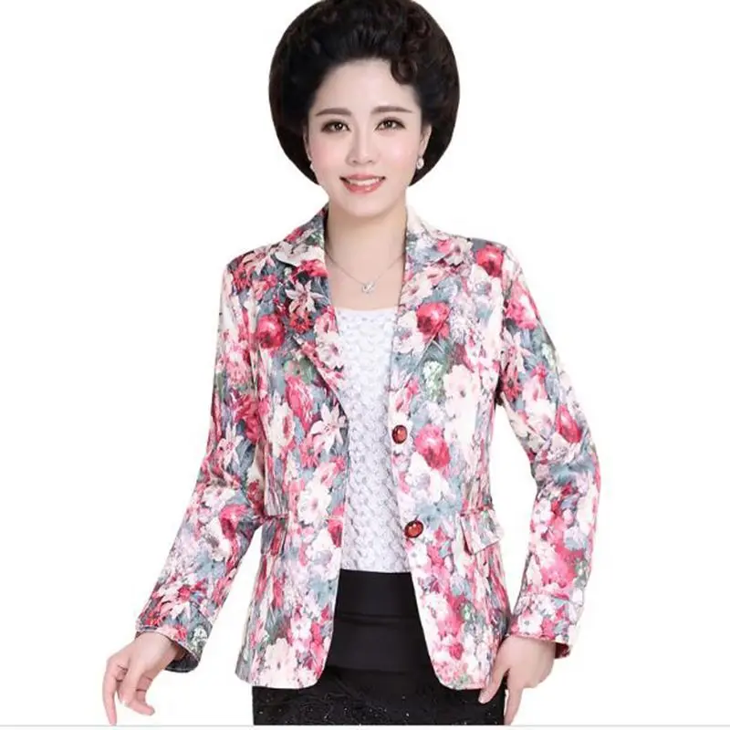 

Middle-Aged Ladies Blazer Floral Print Spring Autumn Jackets Single-Breasted Blazer Feminino Small Suit Jacket Coats 5XL AC758
