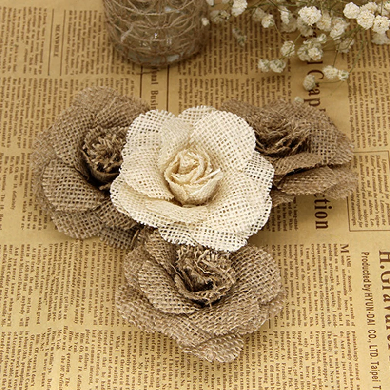 

Hot Sale 1PC Handmade Chic Jute Linen flowers Burlap Flowers 9cm High Quality Christmas Party Supplies Wedding Decoration