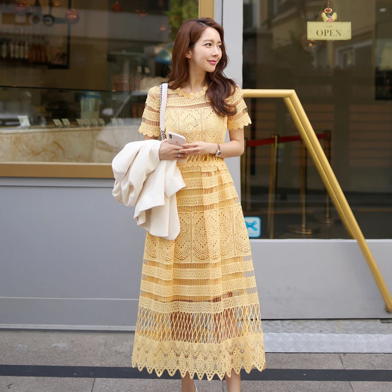 

High Quality Runway Yellow Lace Summer Dress 2023 Women Short Sleeve O-Neck Hollow Out Crochet Slim Prom Office Party Long Dress