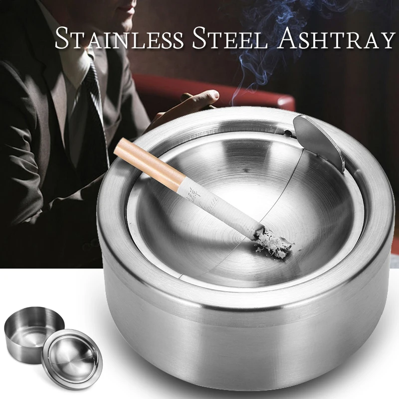 Stainless Steel Round Ashtray Cigarette Lidded Smoking Portable Car