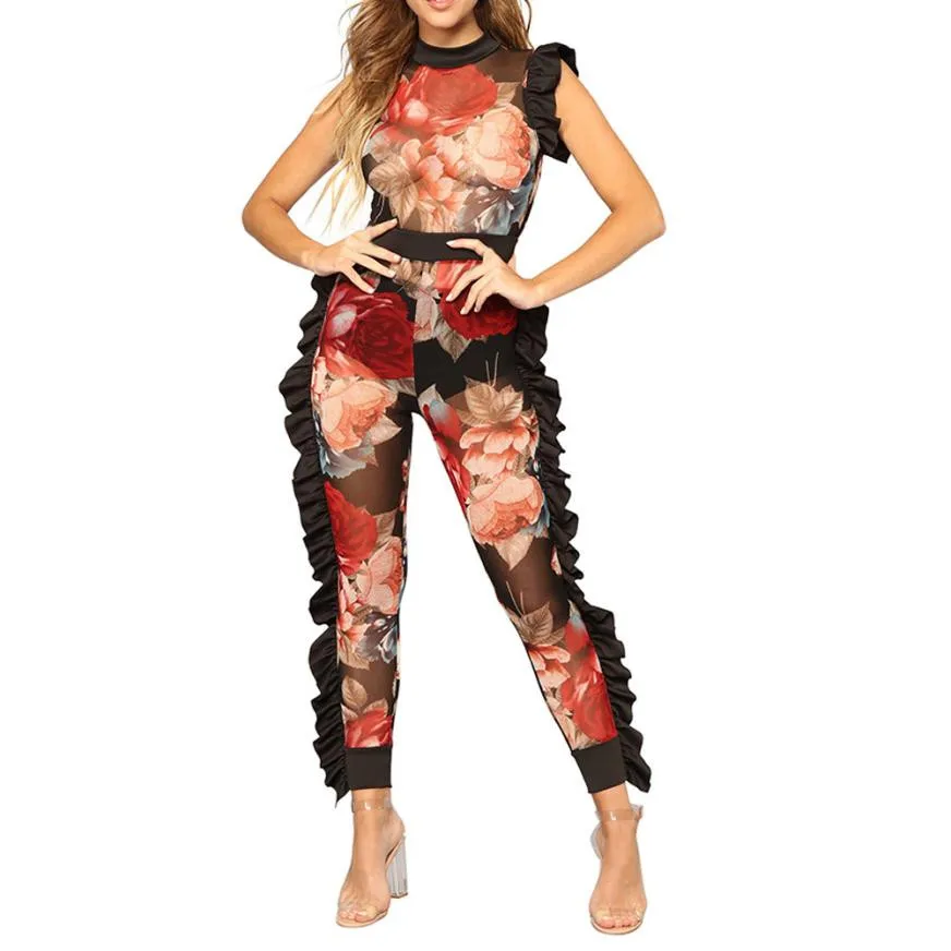 Mesh Ruffle Transparent Net Yarn Jumpsuit Women Club Slim Skinnny