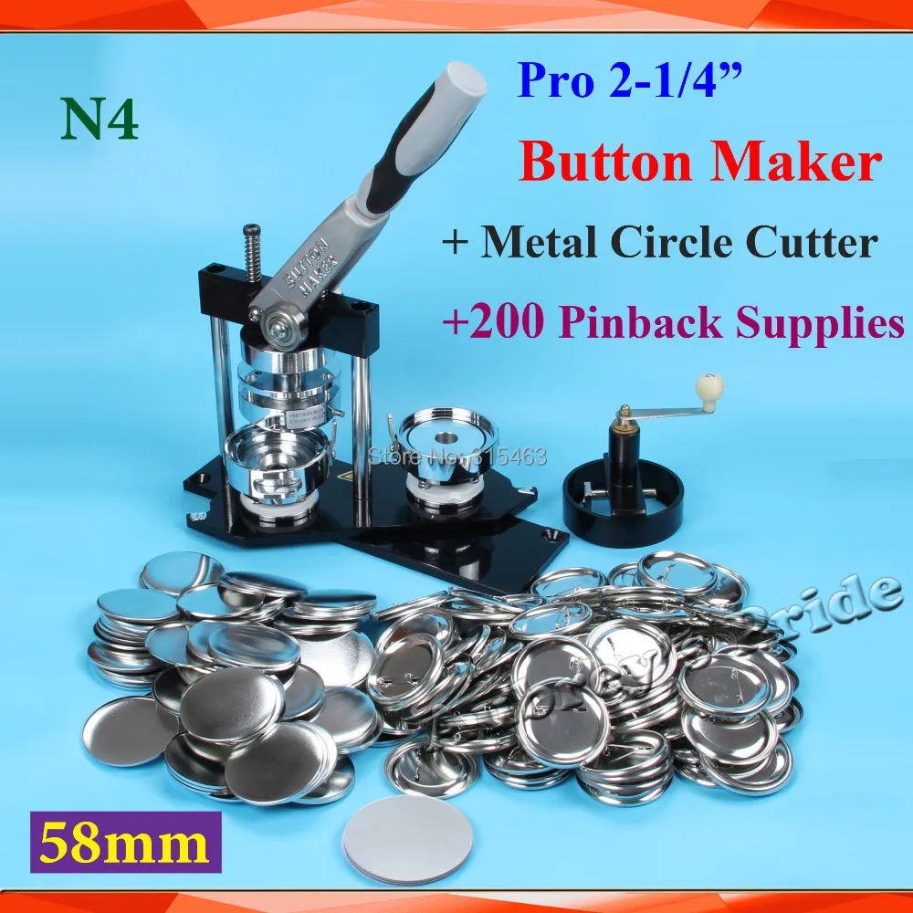NEW N4 2-1/4":58mm Badge Button Maker Machine +Metal Circle Cutter+200 Sets Metal Pinback Button Supply